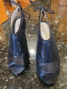 Caparros Dulce Black Sequin Peep-Toe Ankle Tie Heels